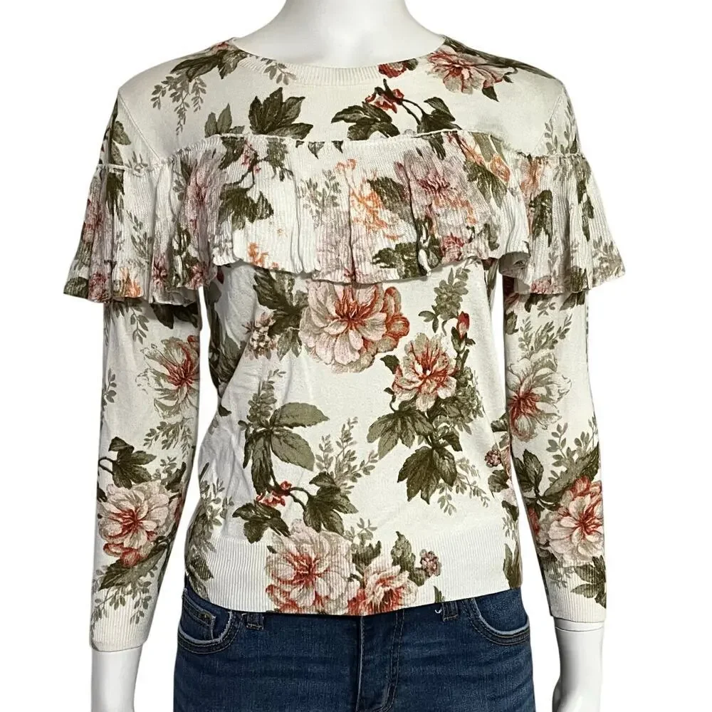Harlyn Anthropologie Ritchie Floral Ruffled Sweater Size XS